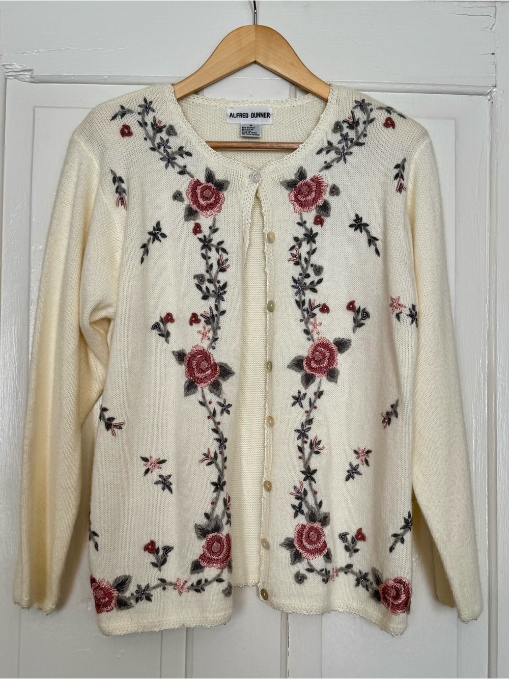 Vintage Alfred Dunner Cream Floral Embroidered Button-Front Granny Sweater